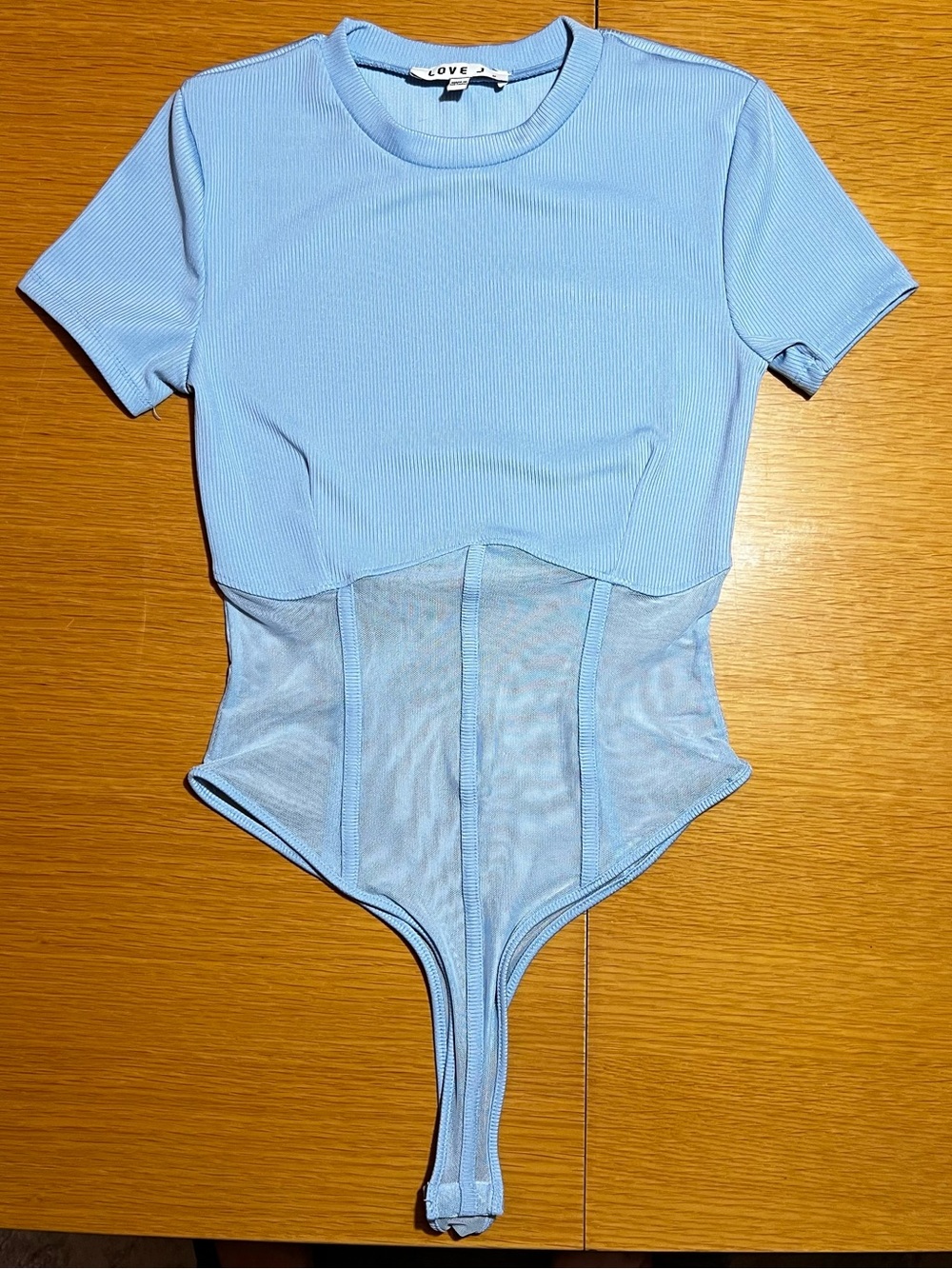 love J Light Blue Ribbed Short Sleeve Bodysuit with Mesh Waist